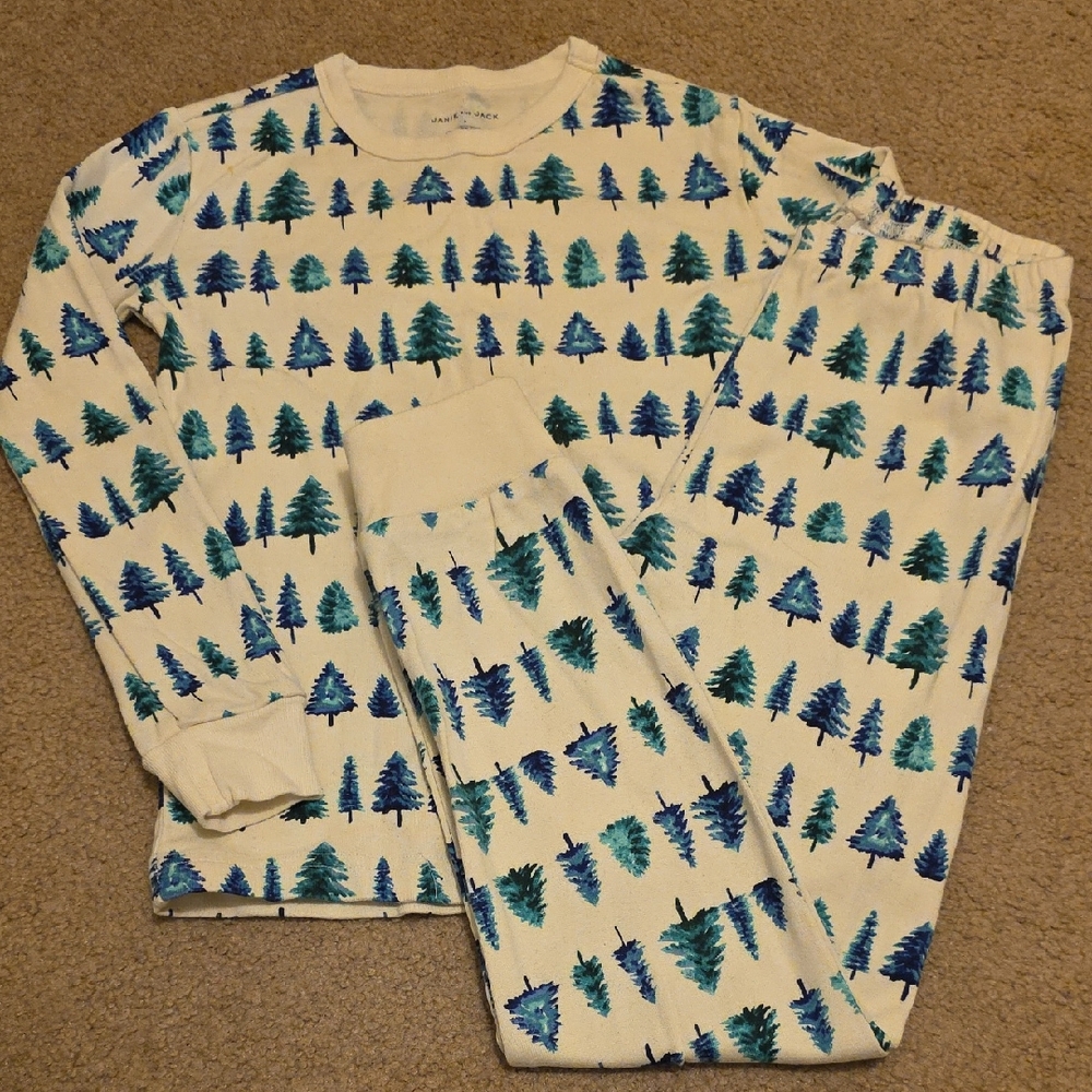 Janie and Jack Cream Pajama Set with Blue and Green Tree Pattern